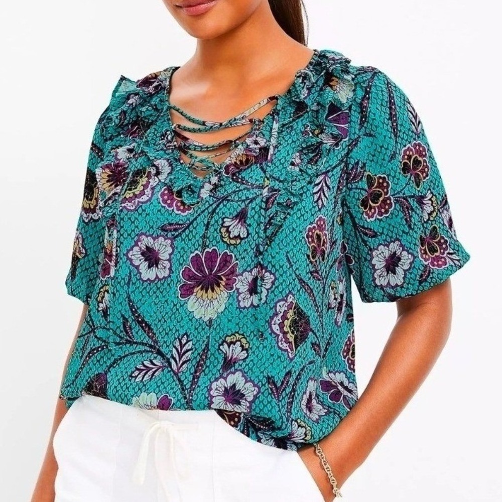 LOFT Teal Floral Ruffle Neck Lace Up Blouse Womens Size M Short Sleeve Top